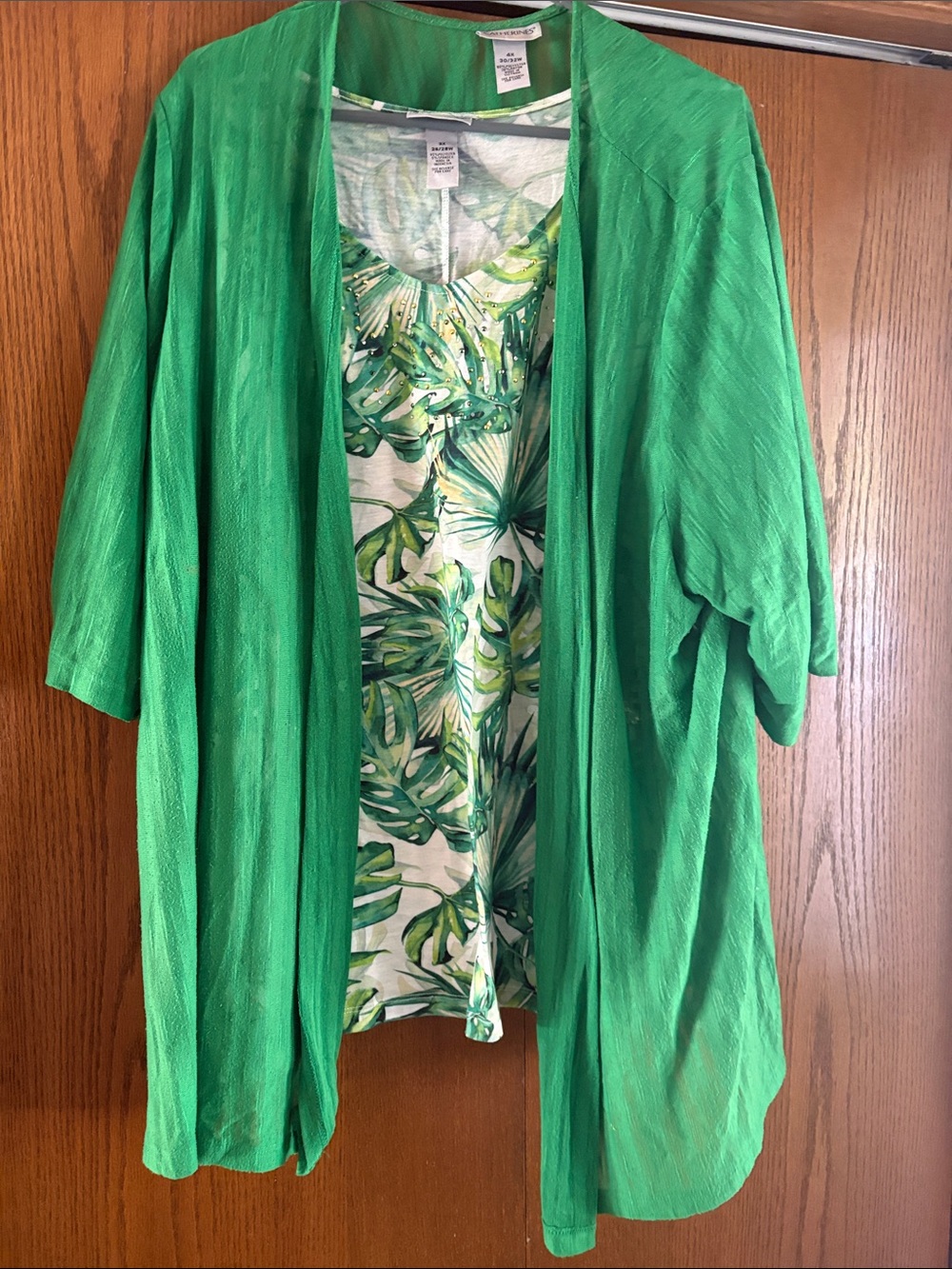 Green Open-Front Kimono with Tropical Print Tank - Catherine’s
